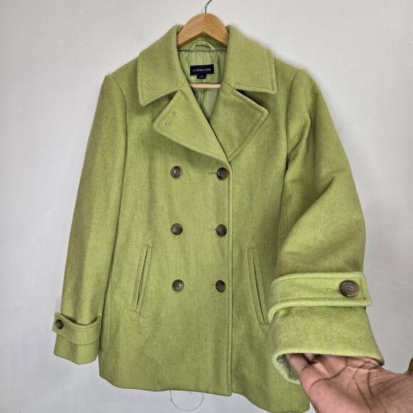 Lands End Wool Blend Pea Coat Women Size 10 Lime Green Quiet Luxury Brat Classic - Picture 2 of 12